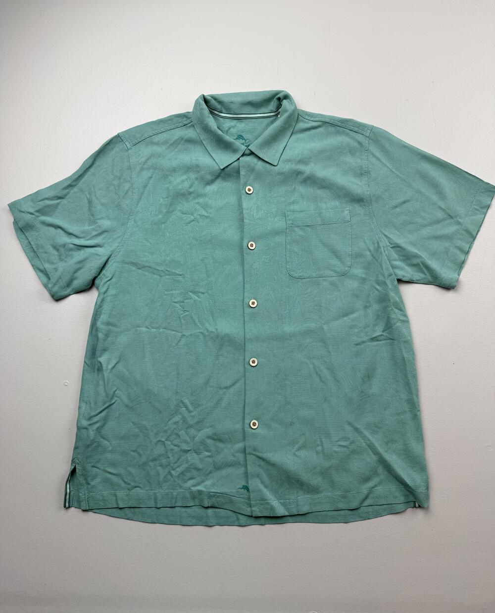 Tommy Bahama Shirt Mens Large Green Solid Short Sleeve Button Up Tropical Casual